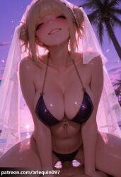 1boy ai_generated arlequin097 bangs bare_shoulders beach bikini black_bikini blonde_hair blunt_bangs blush breasts bridal_veil cleavage clothing_aside collarbone cowgirl_position double_bun fangs female grin hair_bun himiko_toga large_breasts looking_at_viewer my_hero_academia navel outdoors palm_tree patreon_username penis pov sex shiny shiny_skin sidelocks sky smile solo_focus spread_legs straddling straight sunset sweat swimsuit toga_himiko tree uncensored vaginal_penetration veil wet