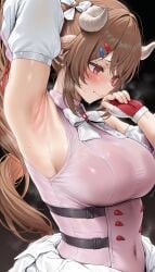 1girls ardelia_(arknights:_endfield) arknights:_endfield armpits brown_hair horns large_breasts presenting_armpit sideboob sweat