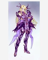 absurdres blonde_hair boots breasts commentary_request corruption darkness elbow_gloves female full_body gloves hand_on_own_hip high_heels highres long_hair magical_girl medium_breasts nipples original pubic_tattoo see-through_clothes shen_hai_ichigo slit_pupils solo standing tattoo thigh_boots variant_set white_gloves yellow_eyes