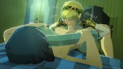 aigis_(persona) bedroom blowjob blue_eyes blue_hair makoto_yuki night oral_sex persona persona_3 spit_on_penis text uriziel38