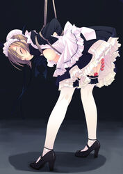 1girls apron arms_behind_back bent_over blush bondage breasts brown_hair closed_eyes f-ism female female_focus female_human female_only frills garters gathers high_heels highres human human_female human_focus human_only looking_at_viewer maid maid_headdress murakami_suigun nipples original restrained ribbon ruffles sex_toy shoes skirt solo solo_focus standing tear thighhighs vibrator white_legwear