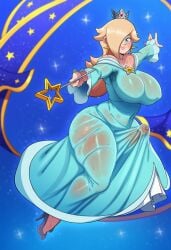 ai_generated bare_shoulders blonde_hair blue_dress blue_eyes breasts bulge covered_nipples crown curvy dress earrings erection erection_under_clothes female full_body futanari hair_over_one_eye high_heels huge_breasts impossible_clothes jewelry large_breasts lips long_hair looking_at_viewer mario_(series) mongrealai nail_polish nintendo off-shoulder_dress off_shoulder penis princess_rosalina rosalina rosalina_bulge_(meme) see-through smile solo star_(symbol) star_earrings super_mario_bros. super_mario_galaxy super_mario_galaxy_(2026_film) thick_thighs thighhighs thighs wand wet wet_clothes wide_hips