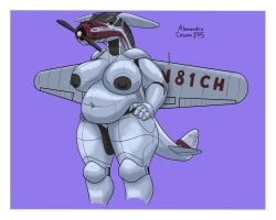 2026 5:4 absurd_res aeromorph aircraft anthro barely_visible_genitalia barely_visible_vulva belly big_belly big_breasts breasts cessna_195 cessna_aircraft_company colored dark_nipples deep_navel female genitals green_eyes grumpy hand_on_hip hi_res living_aircraft living_machine living_vehicle looking_at_viewer machine multicolored_body navel nude nude_female overweight overweight_female panzerschreckleopard red_body silver_body solo vehicle vulva