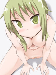 blush breasts female female from_above green_eyes green_hair ichii_yui medium_breasts navel nipples nude pubic_hair pussy sitting solo spread_legs thighs toku_sonchou uncensored yuyushiki