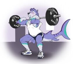 2025 anthro aquatic athletic athletic_anthro athletic_male balls blue_body blue_fur blue_penis blush bodily_fluids bottomwear canid canine canis clothing crouching domestic_dog erection exercise fish footwear foreskin fur furgonomic_footwear furgonomics genitals grey_body grey_fur hi_res humanoid_genitalia humanoid_penis hybrid labradorszn male male_anthro male_only mammal masculine nipples penis pink_penis purple_body purple_fur shark shirt shoes shorts solo sweat tail tank_top teal_body teal_fur topwear vein veiny_penis wardrobe_malfunction weightlifting workout