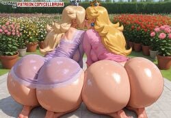 2girls ai_generated ass ass_bigger_than_head ass_exposed ass_focus barefoot big_ass bottomless cellbruh4 curvy_figure exposed_ass feet female female_only freckles freckles_on_ass hourglass_figure huge_ass kissing lesbian_kiss lingerie mario_(series) massive_ass nintendo on_knees princess_peach princess_rosalina shiny_skin slim_waist soles sweat sweaty sweaty_ass sweaty_body thick_ass thick_thighs valentine's_day venus_body
