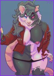 absurd_res american_opossum anthro big_breasts bodily_fluids bottomless breasts clothed clothing female genital_fluids genitals hair hi_res jacket jacket_only looking_at_viewer mammal marsupial nipples notched_ear nude panties piercing ring_piercing sigrun_(trissyfen) simple_background solo tail topwear topwear_only trissyfen underwear undressing vulva wet