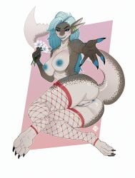 anthro anus aquatic areola astrid_gull_(mechwarrior) black_sclera blue_eyes blue_hair clitoris clitoris_piercing clothing female fish flower genital_piercing genitals hair hi_res legwear legwear_only long_hair looking_at_viewer moirah mostly_nude multicolored_body nipple_piercing nipples piercing plant shark solo stockings stockings_only vulva