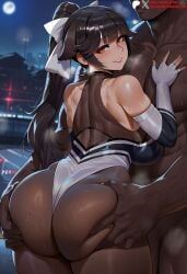 1boy ai_generated animal_ears ass ass_focus ass_grab azur_lane back bare_shoulders black_hair blush bodystocking bow breasts brown_eyes clothed_female_nude_male clothing dark-skinned_male dark_skin deep_skin duxvector elbow_gloves female fingerless_gloves from_behind gloves grabbing_another's_ass grin groping hair_flaps hair_ornament hairbow highleg_leotard huge_ass interracial large_breasts leotard long_hair looking_at_viewer looking_back male manly moon multicolored_leotard muscular muscular_male night night_sky nude official_alternate_costume outdoors pantyhose parted_lips patreon_username ponytail race_queen ribbon skindentation sky smile solo_focus straight sweat takao_(azur_lane) takao_(full_throttle_charmer)_(azur_lane) thick_thighs thighs two-tone_leotard very_dark_skin white_bow white_gloves white_ribbon