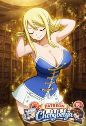 1girl absurdres ai_assisted anime anime_style attractive beautiful beautiful_eyes beautiful_lighting best_quality blonde_hair bookshelf breasts brown_hair chebybelya cinematic_lighting closed_eyes curvy cute deep_skin detailed detailed_face detailed_skin digital_art fairy_tail high_quality high_resolution highres large_breasts long_hair lucy_heartfilia patreon patreon_username perfect_body sexy sharp_focus signature skirt slim_waist smile soft_lighting soft_shading solo stylized thick_thighs toned very_aesthetic vibrant_colors watermark wide_hips
