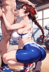 1girls ai_generated balecxi big_ass bike_shorts blowjob braid brown_hair clothed clothed_female cum fellatio gym hairband hard_cock king_of_fighters light-skinned_female light_skin long_hair oral pale-skinned_female pale_skin pants public spats sucking_cock sucking_dick yuri_sakazaki