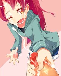 1boy 1girls cum cum_on_face cute_fang ejaculation facial handjob hato_haru highres light-skinned_female light-skinned_male light_skin mahou_shoujo_madoka_magica one_eye_closed open_mouth orange_eyes penis ponytail red_hair sakura_kyouko shorts tied_hair uncensored yellow_eye