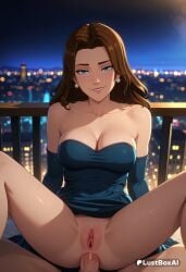 1boy 1boy1girl 1girls ai_generated anal anal_sex artist_name bare_shoulders blonde_blazer blue_dress blue_eyes breasts brown_hair cleavage clothed_sex collarbone cowgirl_position detached_sleeves dispatch_(game) dress dress_lift earrings elbow_gloves female gloves hi_res jewelry large_breasts long_hair looking_at_viewer lustboxai night no_panties patreon_username penis pov pussy sex sitting smile solo_focus spread_legs straight strapless strapless_dress uncensored