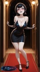 ai_generated aiuniverse56 aroused big_breasts black_dress black_hair black_lipstick black_nails blue_eyes blush cleavage drunk drunk_female eyeshadow glitter_dress gloves high_heels hotel_transylvania knees_together_feet_apart mavis_dracula short_hair stable_diffusion standing trembling
