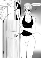 ass black_and_white blush bottomless breasts captainjingo cleavage clothed clothing comic dialogue doorway duo english_text eye_patch eyewear fish gills hair human mammal marine monochrome monster speech_bubble text undertale undyne video_games