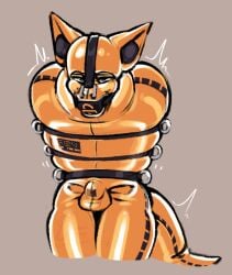 anthro ball_gag bondage bondage_gear bound bulge canid canine canis clothing coyote earplugs fully_bound fur gag gagged gimp_mask glistening glistening_body gummiipupp hi_res hunched_over implied_chastity inflatable_collar inflatable_straitjacket kenai_(coyote) large_ball_gag latex latex_clothing latex_skinsuit latex_straitjacket lock_bulge lock_symbol male mammal mask null_bulge orange_body orange_fur orange_latex permanent permanent_bondage prison_suit prisoner prisoner_id restraints sensory_deprivation shaking skinsuit solo standing straitjacket straps tight_clothing trembling
