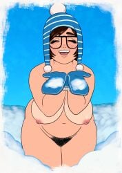 big_breasts breasts brown_eyes brown_hair female female_only glasses kokovartalosukka mei_(overwatch) mittens naked naked_female nude nude_female overwatch pubic_hair snow thick_thighs