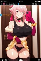 ai_generated ass big_breasts black_collar black_shirt brawl_stars breasts hairbow melodie_(brawl_stars) neck_hair panties phone pink_hair solo telegram