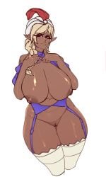 1girls areolae big_breasts bikini_warriors blonde_hair braid dark-skinned_female dark_elf dark_elf_(bikini_warriors) dark_skin elf elf_ears elf_female female female_only garter_belt garter_straps huge_breasts looking_at_viewer mostly_nude nipples no_panties nofuture pussy red_eyes shaved_pussy solo stockings thick_thighs very_high_resolution white_background white_stockings wide_hips