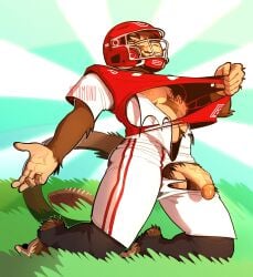 0ct0m0n0 anthro balls bottomwear brown_body brown_fur clothing fur genitals grass half-erect haplorhine hi_res humanoid_genitalia humanoid_penis kneeling male male_anthro mammal monkey narrowed_eyes nipples penis plant primate red_clothing red_helmet red_topwear solo tan_balls tan_body tan_penis tan_skin topwear torn_clothing torn_topwear vein veiny_penis white_bottomwear white_clothing white_topwear yellow_eyes