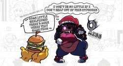 belly_bigger_than_head belly_out big_ass big_belly big_belly_girl big_breasts chubby chubby_belly chubby_female clothed clothing curly_hair dark_skin dark_skinned_female drool drool_string drooling fat fat_ass fat_belly fat_female fat_fetish fat_girl friday_night_funkin girlfriend_(friday_night_funkin) hamburger hypno hypnos_lullaby hypnosis hypnotic_eyes hypnotized_female inviting large_breasts lullaby_girlfriend_(fnf_redesign) nomuski pendulum pendulum_swing sandwich sandwich_(food) thick_thighs thighhighs thighs weight_gain weight_gain_female yellow_body