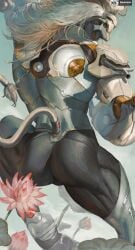 1boy artificial_eye ass back banyue_(zenless_zone_zero) biceps bulge commentary english_commentary flower from_behind grey_background highres humanoid_robot izeumane long_hair male_focus mechanical_arms mechanical_eye mechanical_hands mechanical_legs mechanical_tail pink_flower reflection robot robot_boy solo tail water white_hair yellow_eyes zenless_zone_zero