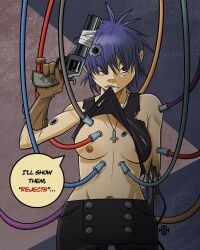asian asian_female blue_hair breasts_out cyborg cyborg_girl cyborg_noodle gloves gorillaz gunshot_hole half_nude half_nude_female harrisartz holding_gun nipples one_arm