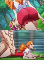 ai_generated ass_focus breasts_out_of_clothes charlotte_cracker doggy_style eyes_rolling_back female huge_ass huge_breasts male nami_(one_piece) nami_(one_piece)_(whole_cake_island) one_piece pleasure_face thick_thighs
