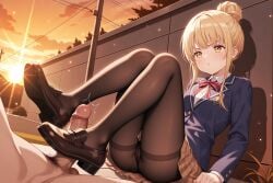 1boy 1girls ai_generated black_pantyhose blazer blonde_hair breasts civitai civitai_lora exposed exposed_breasts exposed_pussy feet female footjob human_female illustrious_(stable_diffusion) illustrious_xl laofers medium_breasts nipples nude otonari_no_tenshi-sama_ni_itsu_no_mani_ka_dame_ningen_ni_sarete_ita_ken outdoors pantyhose penis pout pussy school_uniform sdxl shiina_mahiru shoejob sidelocks skinny skirt solo stable_diffusion sunset tagme the_angel_next_door_spoils_me_rotten vgt13 wai-nsfw-illustrious-sdxl yellow_eyes