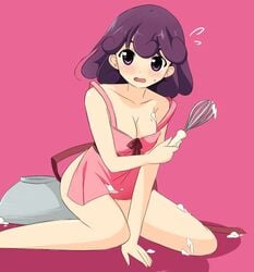 1girls apron blush breasts burgundy_(pokemon) cabernet_(pokemon) cleavage cream female naked_apron nintendo pokemon pokemon_(anime) pokemon_bw purple_eyes purple_hair solo source_request