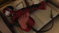 au_ra feet feet_up final_fantasy_xiv glowing_eyes henna red_body red_hair red_skin scales tattoo tokenredra white_eyes