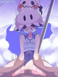 1boy beach_umbrella blue_one-piece_swimsuit blush breasts clenched_teeth cosplay covered_nipples cowgirl_position female highres holding_another's_wrist kaikoinu lana_(pokemon) medium_breasts mimikyu mimikyu_(cosplay) motion_lines one-piece_swimsuit open_mouth pokemon pokemon_sm sex short_hair stomach_bulge straddling swimsuit teeth trembling umbrella vaginal_penetration