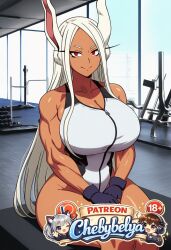 1girl absurdres ai_generated anime anime_style attractive beautiful beautiful_eyes beautiful_lighting bestquality breasts chebybelya cinematic_lighting curvy cute dark-skinned_female darkskin deep_skin detailed detailed_face detailed_skin digitalart gloves highleg highquality highres highresolution largebreasts longhair looking_at_viewer masterpiece mirko muscular muscular_female open_mouth patreon patreon_username perfect_body rabbit_ears red_eyes sexy sharp_focus signature sitting slimwaist smile soft_lighting soft_shading solo stylized thickthighs thighs toned very_aesthetic vibrant_colors watermark white_hair widehips
