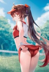 2d 2d_(artwork) ai ai_generated alternate_costume ass back back_view brown_hair clouds day genshin_impact hu_tao_(genshin_impact) light-skinned_female light_skin long_hair looking_at_viewer looking_back looking_back_at_viewer outdoors pigtails sky slim_girl small_breasts tennis_uniform trees young younger_female