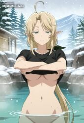 ahoge ai_generated anime anime_style black_shirt blonde_hair bottomless breasts closed_mouth clothes_lift earrings elf female female_only green_eyes green_ribbons groin hair_ribbon half-closed_eyes hentai hi_res jewelry large_breasts lifted_by_self long_hair looking_at_viewer mizuzokusei_no_mahōtsukai mountain mystic_maidens navel no_bra onsen outdoors parted_bangs partially_submerged patreon pointy_ears ponytail ribbon sera sera_of_the_wind shirt shirt_lift short_sleeves smile snow snowing solo stomach the_water_magician tree underboob undressing very_long_hair water wet