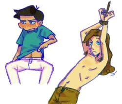 armpit_hair bored_expression embarrassed flashing flustered happy_trail karomakich long_hair looking_away partially_clothed restrained_arms scott_and_scout skinny tied_hands tied_up twink жора платон шурик_и_шарик