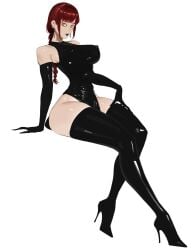 black_lipstick chainsaw_man female female_only fuin gloves high_heel_boots high_heels latex latex_bodysuit latex_boots latex_clothing latex_gloves latex_leotard leotard makima_(chainsaw_man) red_hair white_background