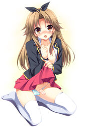 baka_to_test_to_shoukanjuu bar_censor blush bow brown_eyes brown_hair censored crossdressing erection hairbow karukanko leaking_precum little_penis long_hair nipples open_clothes open_mouth panties penis penis_in_panties precum school_uniform skirt skirt_lift solo thighhighs trap underwear white_legwear wig yoshii_akihisa