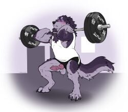 2025 animal_genitalia animal_penis anthro balls barbell barbell_piercing blush bodily_fluids bottomwear canid canine canine_genitalia canine_penis clothing crouching erection exercise fur genitals grey_body grey_fur hi_res knot knotted_penis labradorszn male male_anthro male_only mammal musclegut muscular muscular_anthro muscular_male mythological_canine mythological_creature mythology nipple_barbell nipple_piercing nipples notched_ear penis piercing pink_penis purple_body purple_eyes purple_fur shirt shorts slightly_chubby slightly_chubby_anthro slightly_chubby_male solo sweat tail tank_top topwear vein veiny_penis wardrobe_malfunction weightlifting werecanid werecanine werecreature werewolf workout