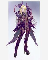 absurdres blonde_hair boots breasts commentary_request corruption darkness evil_smile female full_body gradient_hair hand_on_own_hip high_heels highres horns long_hair magical_girl medium_breasts multicolored_hair nipples original platform_boots pubic_tattoo shen_hai_ichigo slit_pupils smile snake solo standing tattoo thigh_boots variant_set white_hair yellow_eyes