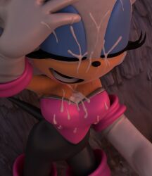 anthro anthro_female big_breasts cleavage cum cum_in_cleavage cum_on_breasts cum_puddle cumshot facial huge_breasts presenting_cleavage rouge_the_bat sega sonic_(series) sweat