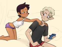 1boy 1girls bed bedroom clothed hunter_(the_owl_house) intimate latina latina_female luz_noceda the_owl_house yamsokachan young