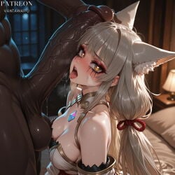 1boy 1girl ai_generated animal_ear_fluff animal_ears bare_shoulders blush breasts cat_ears catgirl chest_jewel cleavage dark-skinned_male dark_skin detached_sleeves erection facial_mark grey_hair heart heart-shaped_pupils hetero huge_penis indoors interracial large_penis long_hair low_twintails medium_breasts nia_(blade) nia_(blade)_(xenoblade) nia_(xenoblade) open_mouth penis penis_awe penis_on_face precum saliva symbol-shaped_pupils testicles tongue tongue_out twintails uncensored vantawaifu veins veiny_penis very_long_hair xenoblade xenoblade_(series) xenoblade_chronicles_2 yellow_eyes