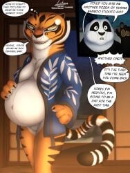 absurd_res anthro belly big_belly big_breasts breasts clothed clothing digital_media_(artwork) dreamworks duo felid female fur genitals hi_res kung_fu_panda link6432 male mammal master_po_ping master_tigress nude orange_body pantherine po pregnant pregnant_anthro pregnant_female simple_background stripes tail text tiger vulva