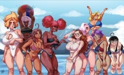 black_bikini black_hair blonde_hair cleavage dark-skinned_female francesca_faraday freckles glasses hair_over_one_eye leaning_forward looking_at_viewer lotta_(zephyrgales) lukex8a multiple_girls one-piece_swimsuit original outdoors pink_hair purple_hair red_hair smile standing swimsuit teeth twintails weiss_(modren) white_bikini