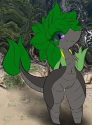 abstract_background absurd_res anthro awkward_smile ebb_the_ghost ebbtheghost fangs female feral generation_5_pokemon genitals gesture hair hair_over_eye hi_res leaf leaf_hair navel nintendo nude petra_(ebb_the_ghost) plant plant_hair pokemon pokemon_(species) pseudo_hair psychedelic_background purple_eyes shortstack shortstack_female snivy solo standing teeth vulva waving waving_at_viewer