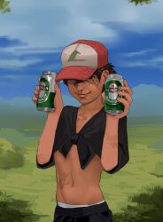 2025 beer black_hair exposed_stomach exposed_torso glob1000 hat heineken one_eye_obstructed pokemon satoshi_(pokemon) tied_shirt