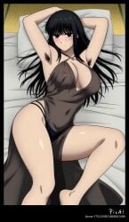 1girl, 4k 8k ai_generated anatomy, anime anime, armpits beautiful bed, bent black blushing, body body, bra, clean cleavage, colors, content, detailed dress, explicit expressive eyes, face, female, flat full gradient hair, halter-strap heel, high highlights, hips, knees, legs, lineart, long lying masterpiece, mature minimal muted nsfw, on osaragi_(sakamoto_days) pedicure, perfect pose, quality quality, resolution, sakamoto_days screenshot seductive see-through sensual, sexy shading, shadow, shape, side, simple skin soft solo, style, thighs, thin thong, underwear very view, visible, without