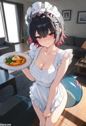 (titancore) ai_generated animal_humanoid apron apron_only big_ass big_breasts black_hair curvy_figure ellen_joe female girl maid maid_headdress monster_girl multicolored_hair naked red_hair serving_food shark_girl shark_humanoid shark_tail thiren video_game_character zenless_zone_zero
