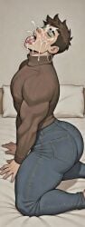 1boy 1femboy ai_assisted ai_generated ass big_ass big_butt brown_hair closed_eyes crossdressing cum cum_in_mouth cum_on_face earrings gay grok jeans kneeling kneeling_on_bed male male_only masculine_crossdresser muscles muscular_femboy oc open_mouth original original_character pink_lips short_hair solo submissive submissive_male sweater teal_eyeshadow tongue_out turtleneck_sweater